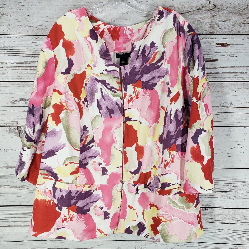 Maggie Barnes Women's Abstract Linen Blend 3/4 Sleeve Blazer Jacket Size 2X